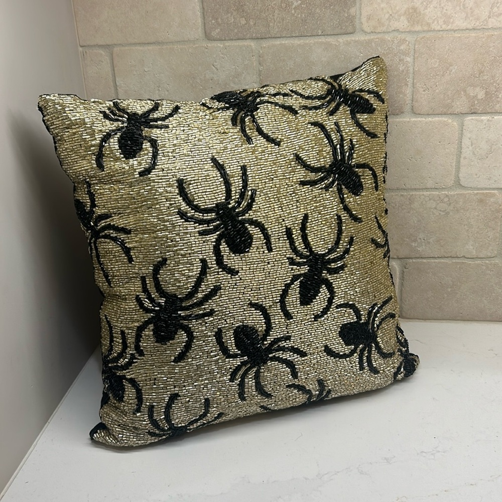 Noir night black and gold beaded spider pillow